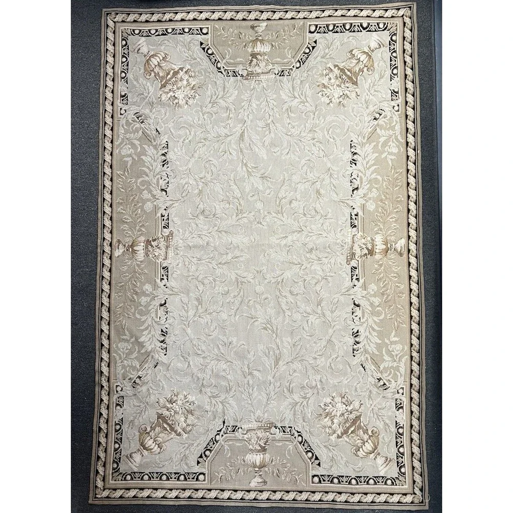 Vintage Needlepoint Tapestry Rug In The Style Of French Aubusson Nuetral 72x46”